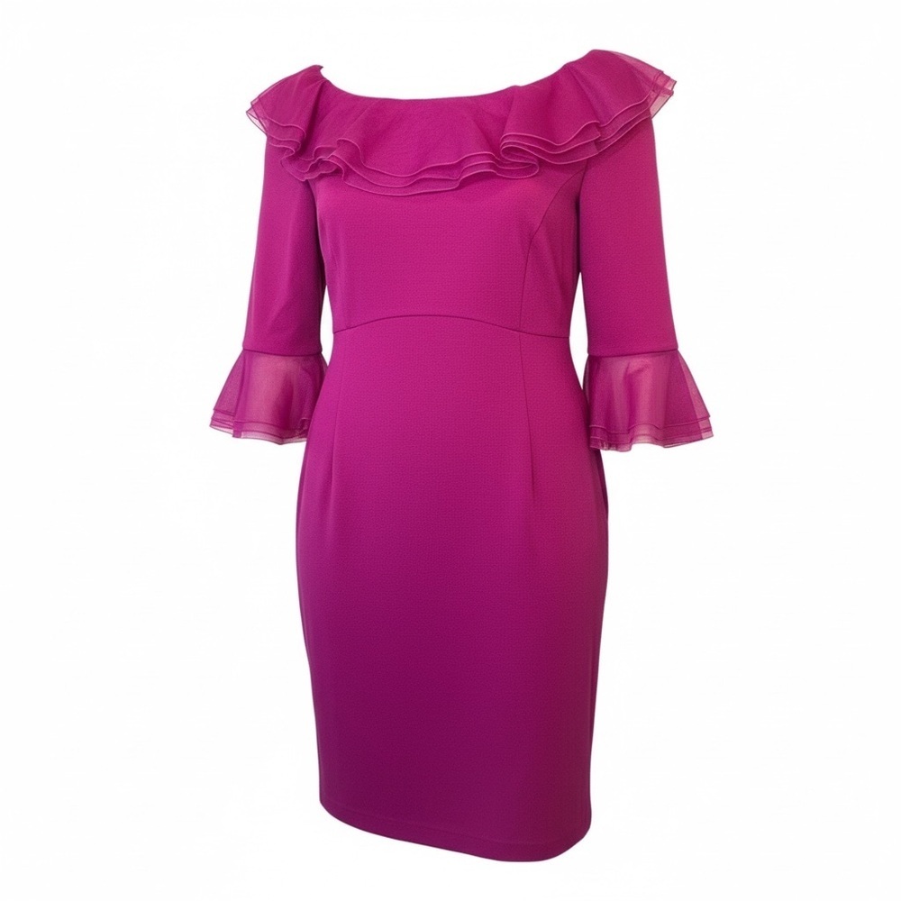 Nue by Shani Fuschia Ruffled 3/4 Sleeve Sheath Dress - Picture 2 of 10